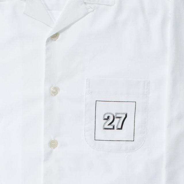 Image 4 of 4 - WHITE - OCD 27 Camp Collar Oxford Shirt featuring Mother of Pearl button front closure, notched collar, long sleeves, button cuffs and patch pocket with logo on chest. Thomas Mason oxford cloth.