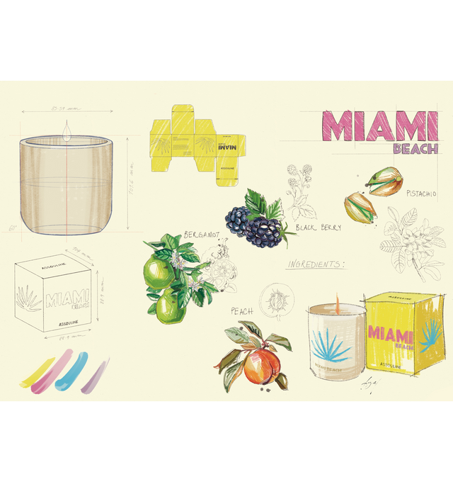 Image 5 of 5 - MULTI - Assouline Miami Beach - Travel From Home Candle. Its an everlasting summer with sun-drenched notes of bergamot, juicy peach, and smooth pistachio that capture the essence of sun-kissed beaches and lively summer beach parties. A heart of blooming florals intertwines with the balmy essence of sandalwood, creating a captivating aroma that embodies the spirited atmosphere and warmth of Miami's sultry nights. Material: Ceramic Vessel. Wax Family: Soy, Coco, Paraffin Blend. Approximate Bur