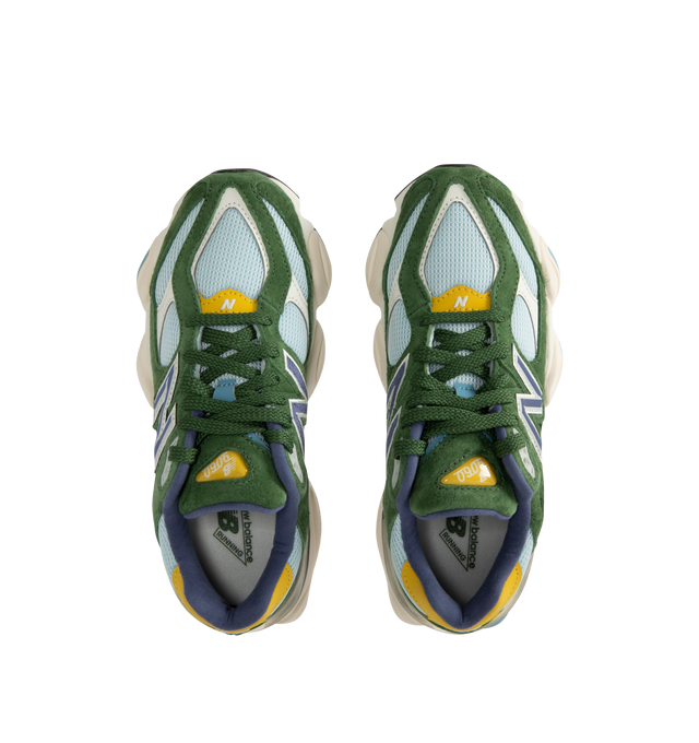 Image 5 of 5 - GREEN - NEW BALANCE 9060 Sneaker featuring mesh upper with suede overlays, dual-density midsole with ABZORB and SBS cushioning, tongue logo inspired by original 991 lace jewel, translucent CR device at heel and diamond outsole pattern.