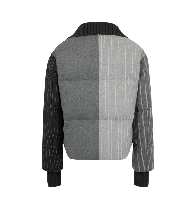 Image 2 of 3 - GREY - Thom Browne Men's Down-Filled Jacket is crafted from chalk stripe wool flannel and features a down-filled construction, a two-way front zip closure with T-pull, a stand collar, and an internal rib-knit collar inspired by technical skiwear. Designed with welt hand pockets with hidden zip closures, four internal pockets, detachable internal backpack straps, rib-knit storm cuffs, striped lining, and the brand's signature striped grosgrain loop tab, it balances performance-focused details