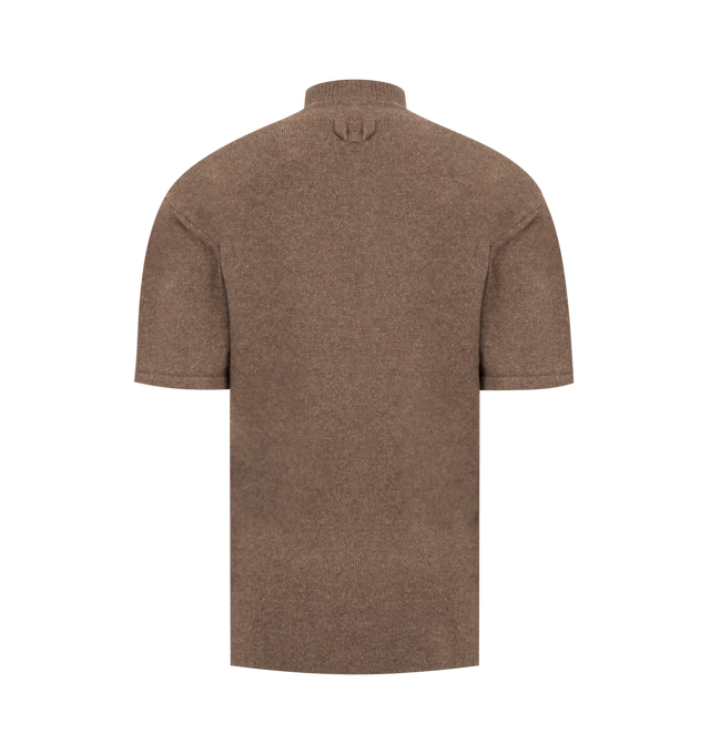 Image 2 of 2 - BROWN - JACQUEMUS Castagna Knit Top featuring fitted shape, soft wool cashmere knit, ribbed mock-neck, rounded shoulder pads, elbow-length sleeves and J loop on the back. 90% Merino wool, 10% cashmere. Made in Portugal.