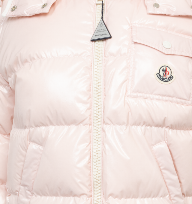 Image 4 of 4 - PINK - MONCLER Andro Jacket featuring longue saison lining, down-filled, detachable and adjustable hood, zipper closure, zipped welt pockets and elastic hem and cuffs. 100% polyamide/nylon. Padding: 90% down, 10% feather. Made in Bulgaria. 