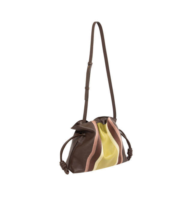 Image 2 of 3 - MULTI - Loewe Landscape Medium Flamenco clutch is a soft and slouchy bag with a cinched closure and knot drawstrings. This medium version is crafted in nappa calfskin and suede, layered, compressed and skived to create a one-of-a-kind effect. Shoulder, crossbody or hand carry with detachable and adjustable strap. Featuring magnetic closure, suede lining, and gold embossed LOEWE. Main material: Nappa Calf. Strap length 96 - 120 cm. Strap Drop 38 - 44 cm. Measures 24.5 cm tall x 30 cm wide x 1