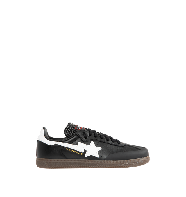 Image 1 of 5 - BLACK - ADIDAS Samba Bape Sneaker featuring leather uppers, gum rubber soles, 3-stripe detail, gold foil lettering, lace up closure and STA logo on lateral.