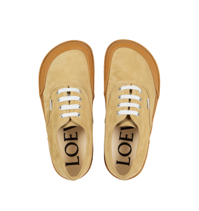 Image 5 of 5 - BROWN - LOEWE PAULA'S IBIZA Terra Vulca Lace-Up Sneaker featuring suede lace-up sneaker on a vulcanised rubber sole, bulky and asymmetric toe shape, wide fit, LOEWE tag on the quarter and embossed Anagram outsole and foxing. Split calfskin. 