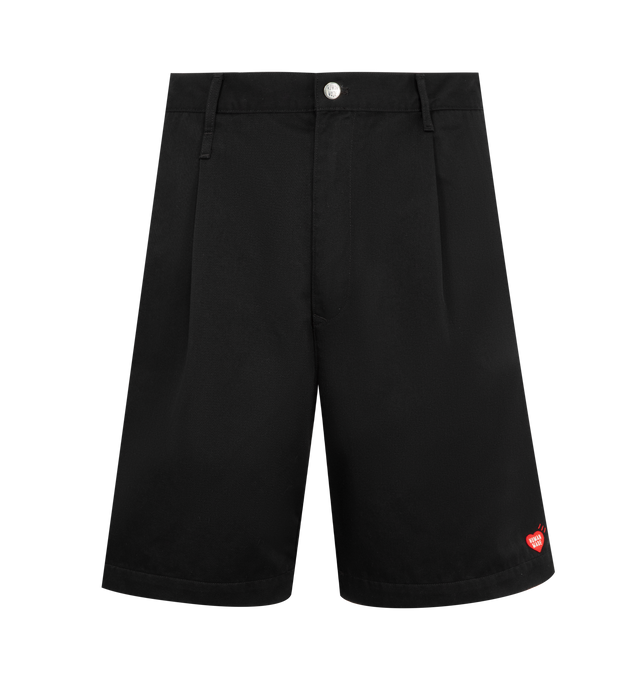Image 1 of 3 - BLACK - HUMAN MADE Skater Shorts featuring relaxed fit, lightweight polyester-cotton twill, two tucks on the front, zip fly with branded button, total of six pockets, brand logo above the right side pocket, heart button on the right back pocket and heart patch on the front left hem. 65% polyester, 35% cotton. Made in Japan..