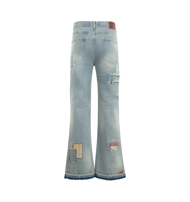 Image 2 of 3 - BLUE - MIDNIGHT RODEO Patchwork Denim featuring relaxed-fit, patchwork panel detailing throughout, distressed and repaired accents, classic five-pocket construction, belt loops and button closure with zip fly. 100% cotton.