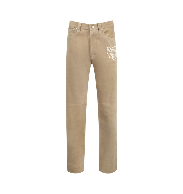 Image 1 of 4 - NEUTRAL - Human Made Leather pants made of suede material with logo graphic, 5-pocket styling and button fly closure. Material: Bovine hide.