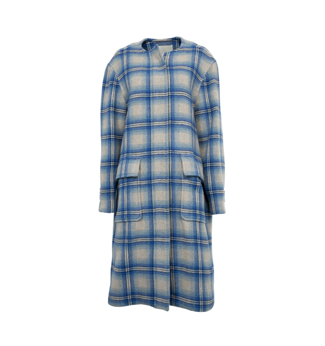Image 1 of 3 - BLUE - ISABEL MARANT Emeline Coat featuring plaid print throughout, long sleeves, below knee length, hidden zipper front closure and flap patch pockets. 75% wool, 25% polyamide. 100% cotton.  