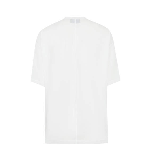 Image 2 of 3 - WHITE - BALENCIAGA Transparent Top featuring transparent jersey, crewneck, front seam detail, short sleeves, asymmetric hem construction with elongated back, rounded, fluid volume at the back and embroidered Balenciaga logo on the left sleeve. 70% cotton, 30% polyamide. Made in Portugal.