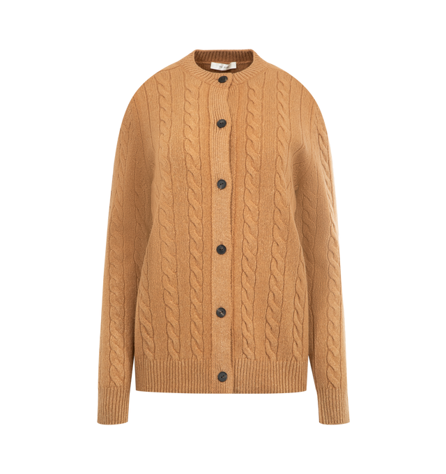 Image 1 of 2 - BROWN - THE ROW Loneke Cardigan featuring classic cable-knit cardigan in textured wool with relaxed fit, front button closure, and ribbed neckline cuffs, and hem. 100% wool. Made in Italy.
