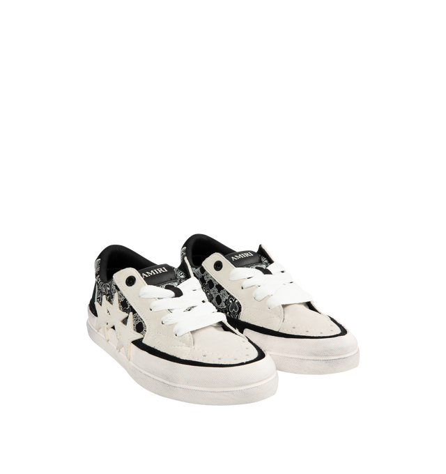 Image 2 of 5 - BLACK - AMIRI Sunset Skate Low-Top Sneakers featuring low-top sneakers in leather with bandana paneling, flat heel, round toe, lace-up vamp, wide shoelaces, logo on the tongue, leather lining, padded collar, heel logo, lather star appliqus on the sides and rubber outsole.