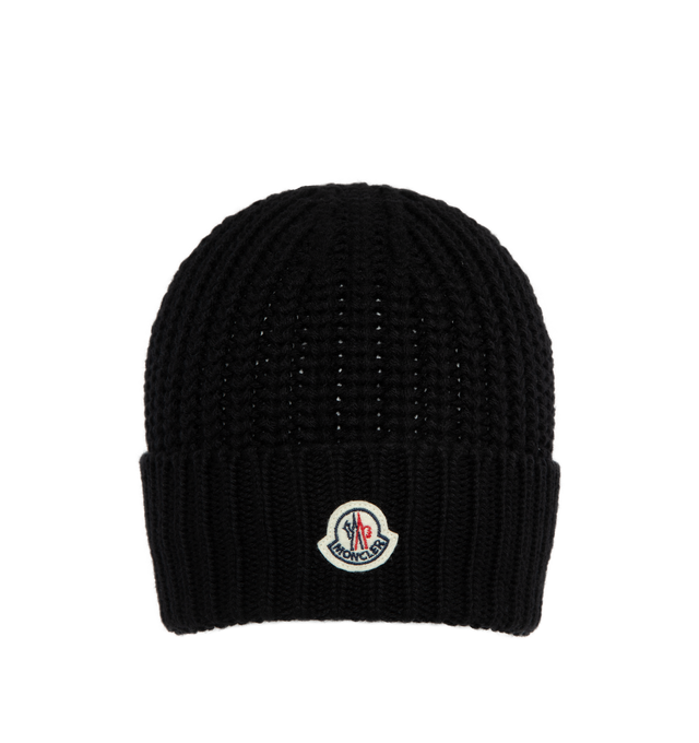 Image 1 of 2 - BLACK - MONCLER Rhinestone Logo Beanie has a rhinestone encrusted logo patch and wide cuff. 100% virgin wool.  