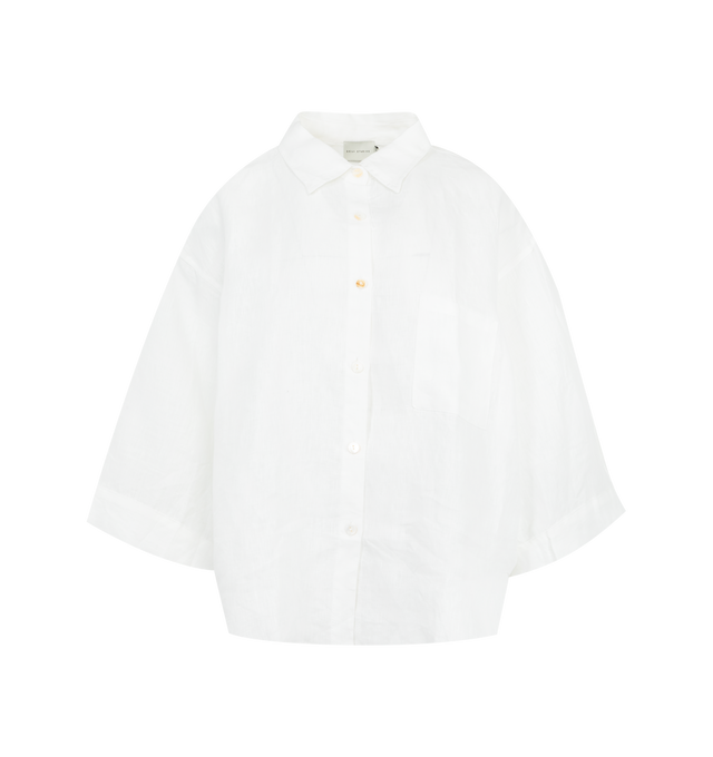 Image 2 of 6 - WHITE - DEIJI STUDIOS 03 Set featuring an oversized box fit linen shirt with wide arms and a front pocket. Mid rise, loose fitting boxer style shorts with a faux button down fly and an elastic waist for extra comfort. 100% OEKO-TEX 100 certified, GOTS certified organic and EU certified stone washed french linen.