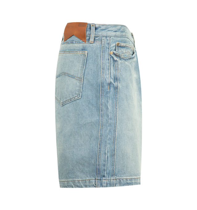 Image 3 of 3 - BLUE - RHUDE Boxy Traxedo Denim Short featuring regular fit, knee length, belt loops, 5 pocket design and zip and button closure. 100% cotton.