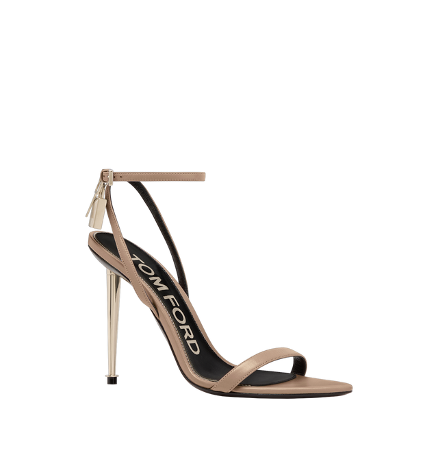 Image 5 of 7 - BROWN - TOM FORD Shiny Kid Pointy Naked Sandal featuring pointy toe shape, signature padlock metal hardware, 105mm metal spike heel, adjustable buckle ankle strap and buckles with engraved logo. Leather.