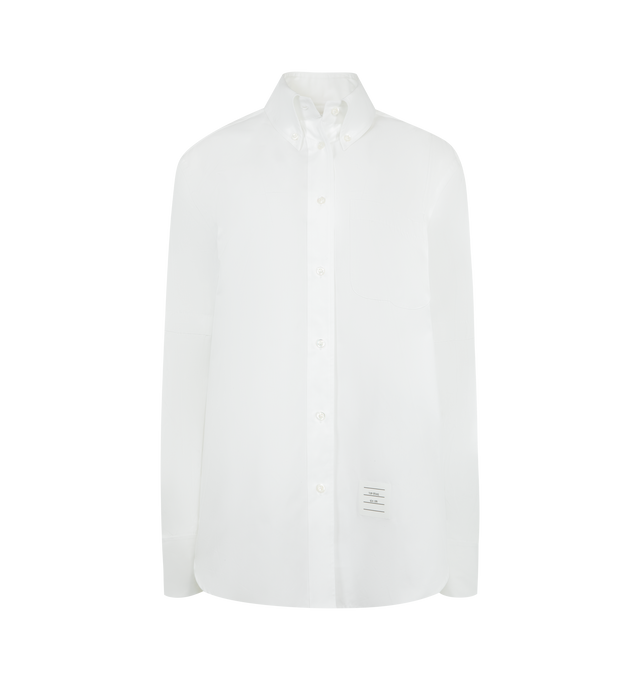 Image 1 of 2 - WHITE - THOM BROWNE Oversized Shirtdress featuring front button closure, button-down point collar, patch chest pocket, button-fastening self armbands, buttoned French cuffs, pleated back yoke with locker loop, curved hem, name tag appliqu and signature striped grosgrain loop tab. 100% cotton. Made in Italy.