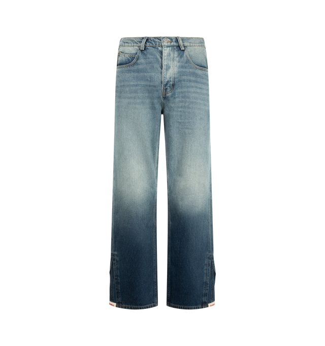 Image 1 of 4 - BLUE - Nahmias Men's High Tide Split Seam Straight Leg Jeans are crafted from 100% cotton denim and feature a straight-leg silhouette with signature split-seam construction. Designed in a medium indigo wash, these designer jeans are finished with a waxed hem that creates a distinctive wet, just-out-of-the-water effect and a Summerland label detail at the split seam. Main Material: 100% Cotton. Fit: Straight Leg. Closure: Button. Details: Waxed Hem, Summerland Label at Split Seam. Care: Profes