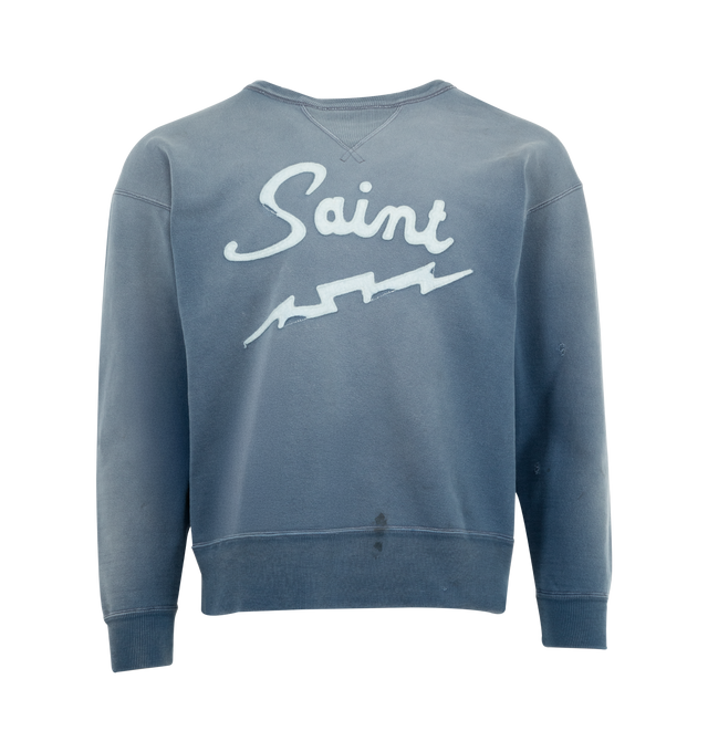 Image 1 of 2 - NAVY - SAINT MICHAEL Saint Crewneck Sweatshirt featuring classic-fit, pullover, crewneck, graphic text and print at front and ribbed cuffs and hem. 100% cotton.