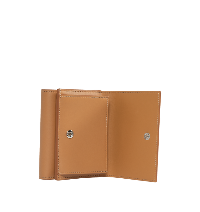 Image 3 of 4 - BROWN - LOEWE Trifold Wallet featuring debossed LOEWE Anagram patch, snap button closure, six card slots and large pocket for notes, coin compartment and calfskin lining. Satin Calf. 3.1 x 4 x 1.5 inches. Made in Spain. 