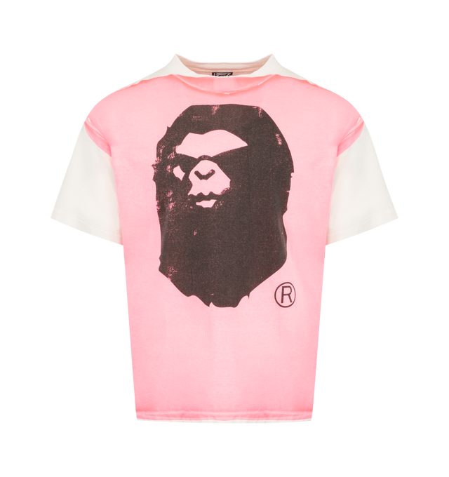 Image 1 of 2 - PINK - ST MICHAEL Bape Handprint T-Shirt featuring crew neck, short sleeves and graphic on front and back. 100% cotton. Made in Japan.