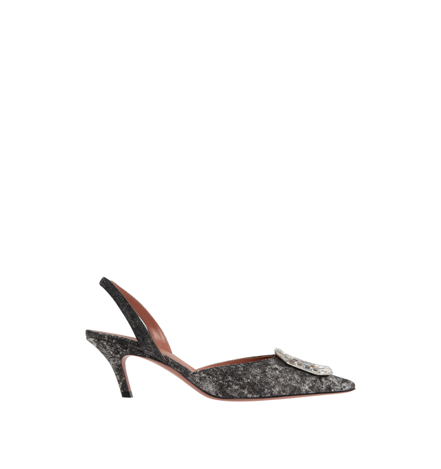 Image 1 of 4 - GREY - AMINA MUADDI Camelia Denim Slingback Pumps featuring pointed-toe silhouette, crystal brooch, slanted midi heel and slip on slingback. 60MM. Made in Italy. 