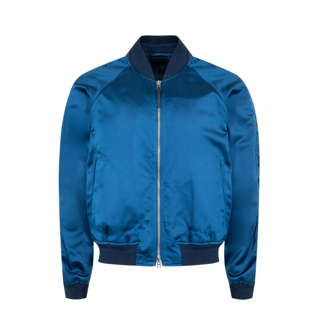 Image 1 of 3 - BLUE - TOM FORD Structured Silk Satin featuring front zip closure, stand collar, ribbed collar, hem and cuffs and half lined. 100% silk. Made in Italy.