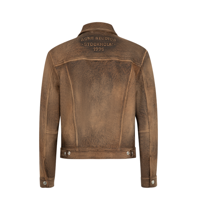 Image 2 of 3 - BROWN - Acne Studios Men's Vintage Leather Jacket is crafted from full-grain lamb leather treated for a vintage appearance and features a regular-fit silhouette that falls below the waist. Designed with a classic collar, chest pockets with snap-button flaps, side pockets, adjustable waist straps, and a branded snap-button front closure, this refined outerwear style is finished with an embossed Acne Studios logo at the back neckline. Main Material: 100% Lamb Leather.