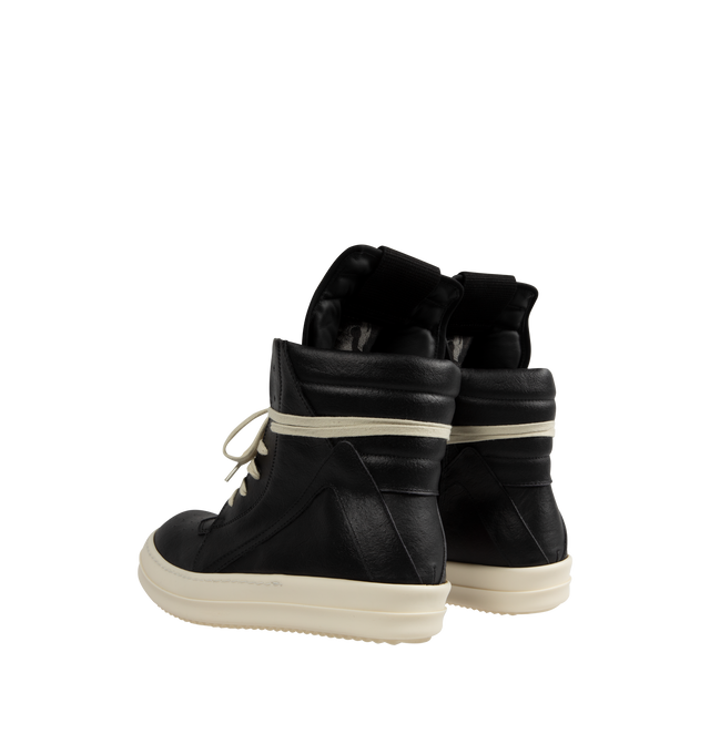 Image 3 of 5 - BLACK - Rick Owens Geobasket Sneakers featuring high-top, LWG-certified grained calfskin, perforated detailing at toe, lace-up closure, pull-loop at extended padded tongue, quilted padded collar, zip closure at inner side, buffed calfskin lining and treaded rubber sole. Upper: calfskin. Sole: rubber. Made in Italy.