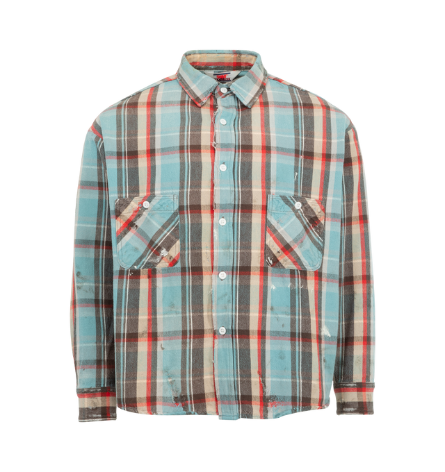 Image 1 of 2 - MULTI - SAINT MICHAEL Flannel Check Shirt featuring check pattern, distressed effect, button fastening, classic collar, long sleeves, two chest patch pockets, ripped detailing, buttoned cuffs and curved hem. 100% cotton.