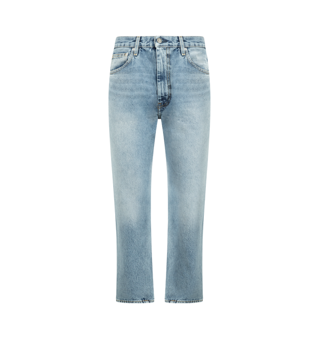 Image 1 of 3 - BLUE - TOTEME Twisted Seam Denim featuring directional side seams, ankle-length, relaxed, straight-tapered shape, zipper fly, silver-tone hardware, five pockets, belt loops, finished hem and leather patch. 100% organic cotton.