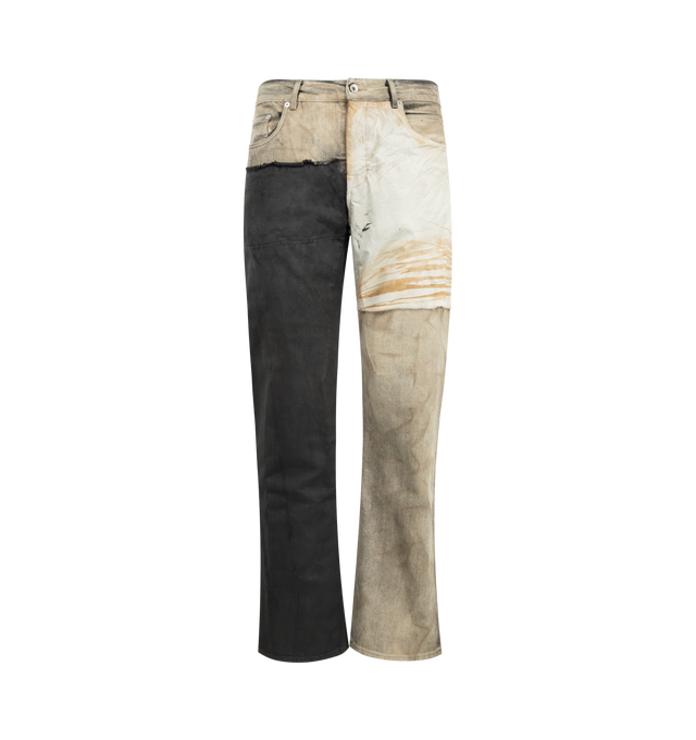 Image 1 of 4 - BROWN - DRKSHDW Fog Out Pants featuring a relaxed cut, contrasting legs crafted in a panelled construction, 5 pocket style and button zip closure. 100% cotton.