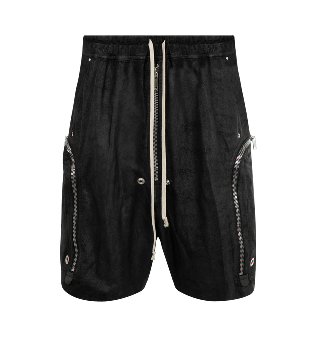 Image 1 of 3 - BLACK - Rick Owens Bahaus Bela shorts crafted from black blister lamb leather. Knee-length style featuring an elasticized waistband with drawstring, low crotch, exposed center zipper with 2 snap detail at the bottom, side welt pockets with eyelet and rivet detail, and Bahaus zippered pockets with large eyelets. 100% lighweight lamb leather with an uneven, blistered texture made in Italy. Pockets- cow leather. Lining- cotton.