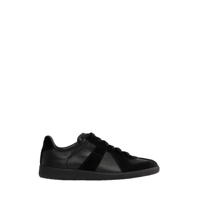 Image 1 of 5 - BLACK - MAISON MARGIELA Replica Sneakers featuring logo label on the tab, stitching at the back, internal Replica label, internal elastic, all-over logo insole and lace up closure. 100% calf leather. Rubber sole. Made in Italy.