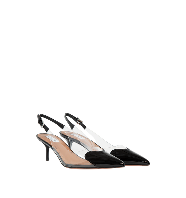 Image 1 of 6 - BLACK - ALAIA Heart Slingbacks in Patent Lambskin featuring clear vamp, pointy cap toe with a patent-leather heart and adjustable slingback strap with buckle closure. 55MM. Leather and synthetic upper. Leather lining. Leather and rubber sole. Made in Italy.