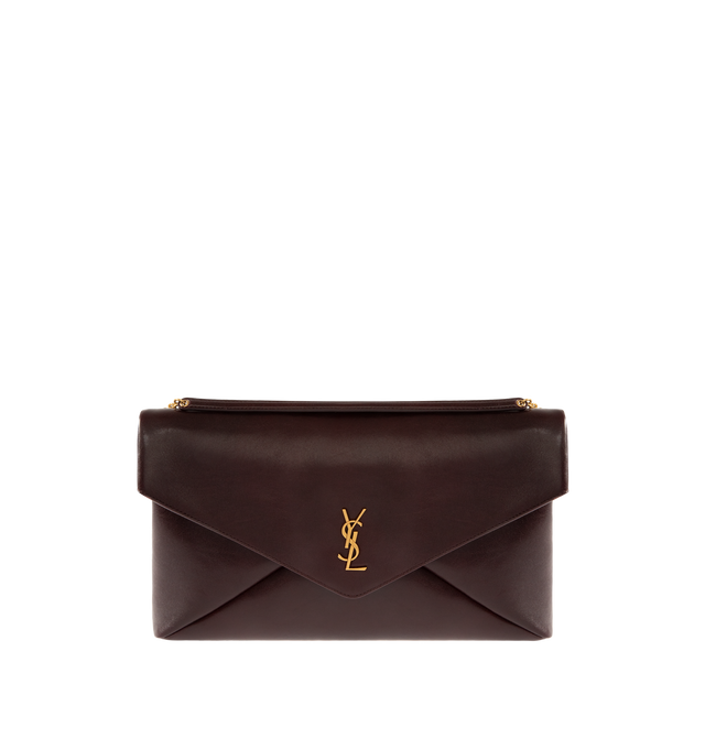 Image 1 of 3 - BROWN - SAINT LAURENT XXL Envelope Pouch featuring extra-large chain pouch decorated with the cassandre on front, a stowable cable-chain strap, leather lining, bronze-tone hardware, snap-button closure and one zip pocket. 13.8" x 8.7" x 0.81.7". Strap drop: 11". Calfskin. Made in Italy.