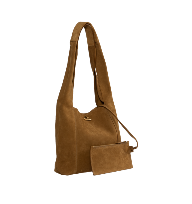 Image 2 of 3 - BROWN - Saint Laurent supple suede hobo bag featuring a toggle closure with SAINT LAURENT engraved padlock. The spacious interior is lined in tonal leather and includes a zip pouch in matching suede embossed with the SAINT LAURENT PARIS signature. Measures  11" X 11.8" X 3.5" with a 14.2" strap drop. Calfskin leather with bronze-tone hardware. Made in Italy. 