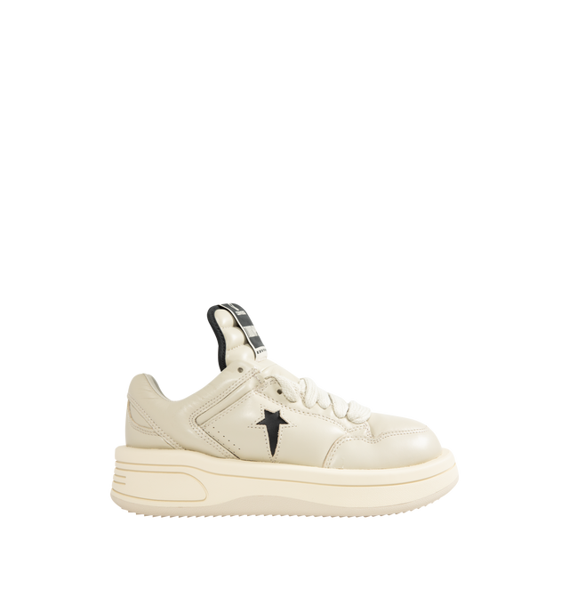 Image 1 of 5 - WHITE - Rick Owens DRKSHDW x Converse TURBOWPN Ox Sneakers featuring low-top, buffed leather, perforated detailing at toe and sides, lace-up closure, logo flag at extended padded tongue, padded collar, logo cutout at sides, buffed faux-leather lining and treaded rubber platform sole.