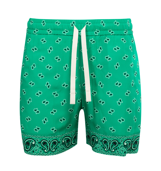 Image 1 of 3 - GREEN - Palm Angels paisley print swim shorts featuring elasticated drawstring waistband, two side inset pockets, rear flap pocket and a straight hem. Made in Italy. Polyester 100%. 