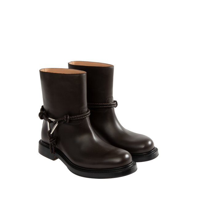 Image 2 of 4 - BROWN - BOTTEGA VENETA James Ankle Boot featuring round toe, pull-on style and braided strap at ankle with silver-tone hardware. 0.5" heel. Leather upper, lining, and sole. Made in Italy.
