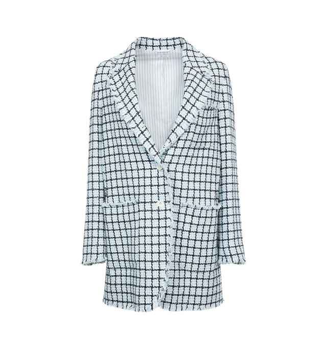 Image 1 of 2 - BLUE - THOM BROWNE Check Patch Pocket Jacket featuring narrow shoulder, front button closure, 3 patch pockets, buttoned cuffs with signature striped grosgrain trim, single vented back, striped lining with interior pockets and name tag and signature striped grosgrain loop tab. 100% cotton. 