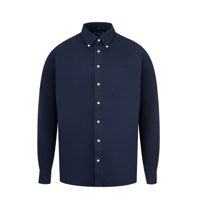 Image 1 of 2 - NAVY - GITMAN BROS Overdye Oxford Shirt featuring barrel cuffs, tacked, V-stitch chest pocket, 4.5" adjustable sleeve gauntlet, split yoke, rear collar button, lined placket, locker loop and rear center box pleat. 100% cotton. Made in USA.