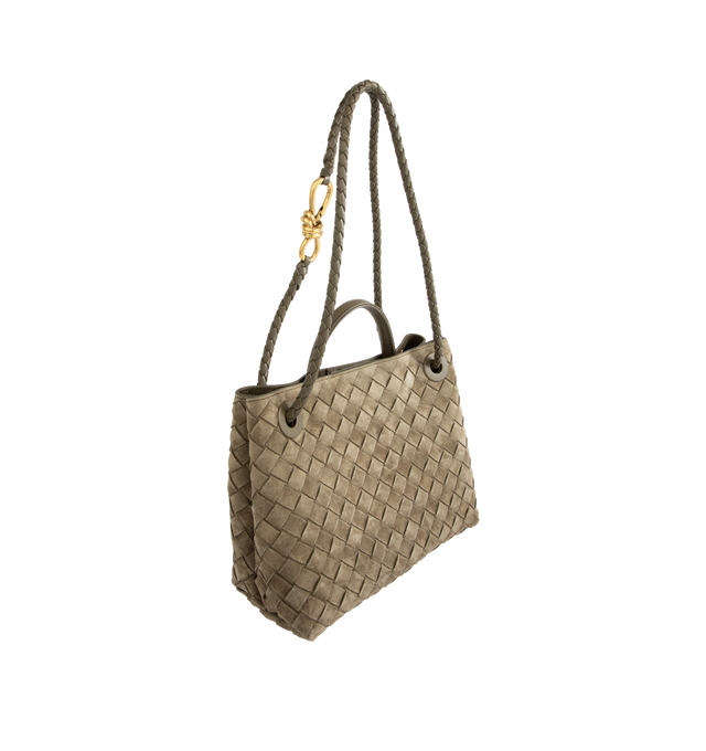 Image 2 of 4 - BROWN - Bottega Veneta Andiamo Bag has a magnetic closure, a sliding cross-body strap, an interior zip pocket, 2 interior open pockets, and brass-finished hardware. 7.9" x 9.8" x 3.9". Calfskin. Made in Italy.
