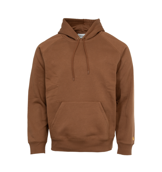 Image 1 of 3 - BROWN - CARHARTT WIP chase hooded pullover sweatshirt crafted from fleeceback jersey with raglan sleeves and chase logo embroidered at one wrist. 58% Cotton, 42% Polyester.  