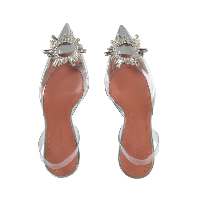 Image 4 of 4 - NEUTRAL - AMINA MUADDI Begum Glass Sling Shoes have a kick flare, covered pedestal heel, crystal-embellished accent and slingback strap with elastic insert. PVC outer material. Leather lining and sole. Made in Italy.  