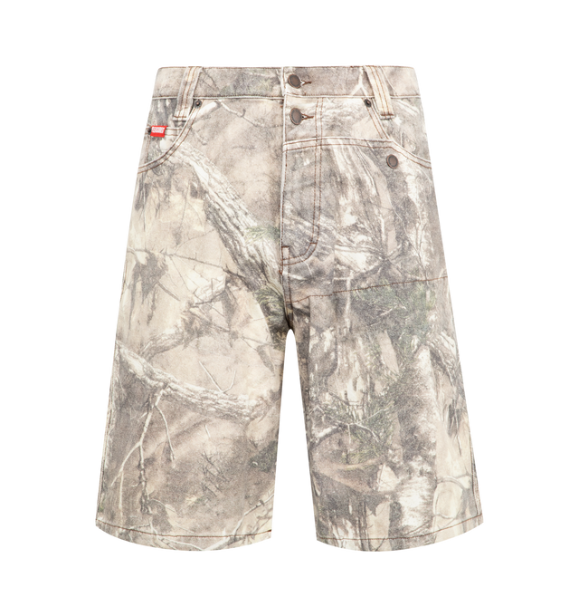 Image 1 of 3 - NEUTRAL - PLEASURES Hunt Canvas Jorts featuring snap closure, front pocket detail, enzyme washed, leather patch and woven label. 100% cotton printed camo canvas.