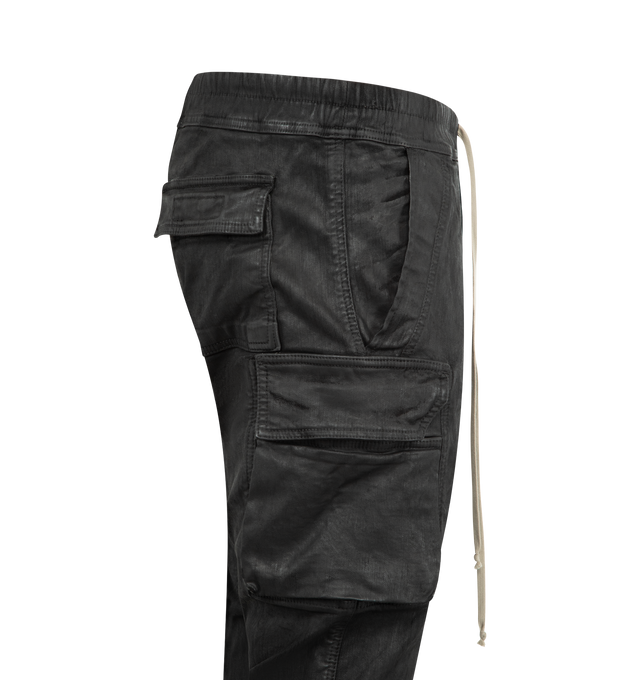 Image 3 of 3 - BLACK - DRKSHDW Mastadon Cut Cargo Pants featuring slim-fit, drawstring at elasticized waistband, four-pocket styling, button fly, cargo pocket at outseams and elastic cuffs. Made in Italy.