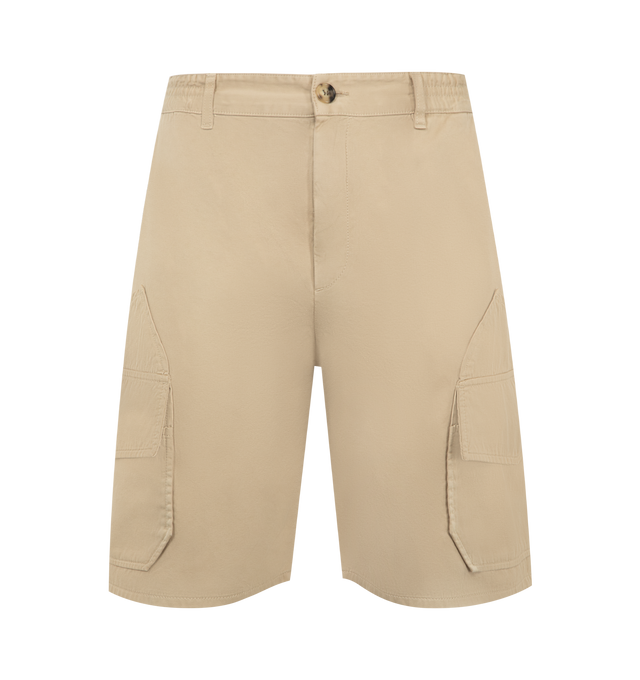 Image 1 of 3 - NEUTRAL - LOEWE PAULA'S IBIZA Cargo Shorts in lightweight washed cotton satin featuring regular fit, regular length, mid waist, elasticated waist, button fastening, concealed zip fly, seam and slash flap pockets, rear patch pocket and LOEWE embossed leather patch placed at the back. Cotton. Made in Italy.