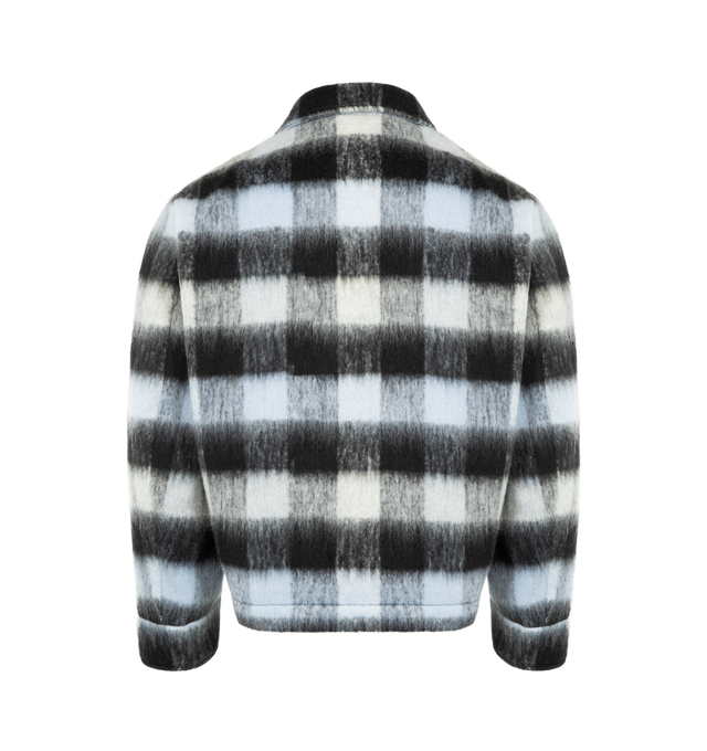 Image 2 of 3 - BLUE - SECOND LAYER Jefe Jacket featuring relaxed fit, hip length jacket, a wool blended vintage inspired shadow check, zip front, chest flap pockets and welted front pockets. 70% polyester, 30% wool. Made in Italy.Size5244