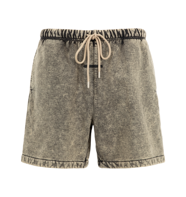 Image 1 of 3 - GREY - Fear of God ESSENTIALS Men's Classic Sweatshort is crafted from acid-washed heavyweight cotton fleece and features a classic relaxed-fit silhouette inspired by vintage athletic styles. Designed with a racing-inspired Essentials puff-print logo at the leg, this comfortable everyday short is finished with an encased elastic waistband, heavyweight drawstring, side-seam pockets, and a signature Essentials label at the center front. Main Material: 100% Cotton Acid-Washed Fleece.